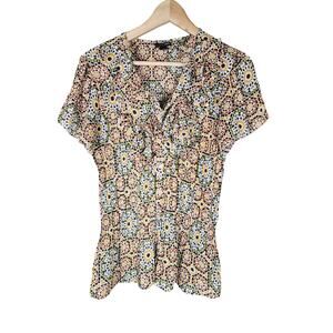 EAST 5TH Green Yellow Floral Retro Form Fitting Stretchy Short Sleeve Top SZ L